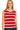 Woman wearing a red and white striped sleeveless top on a white background