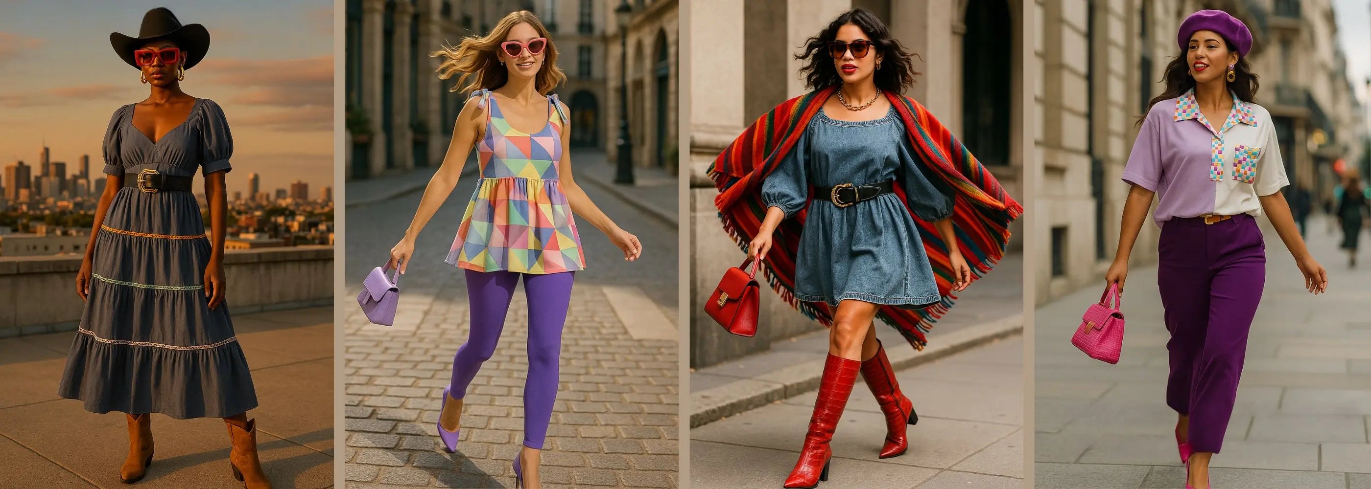 Bold colorful street style outfits with accessories, perfect for standout city looks