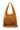  Front view of light brown suede hobo bag featuring layered fringe and wide strap