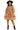 Woman wearing a brown dress with white patterns and black boots on a white background