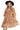 Woman wearing a brown dress with white patterns and a black hat on a white background