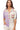 Front view of color block knit top with checker trim