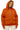 Person wearing an orange hoodie with a zipper on a white background