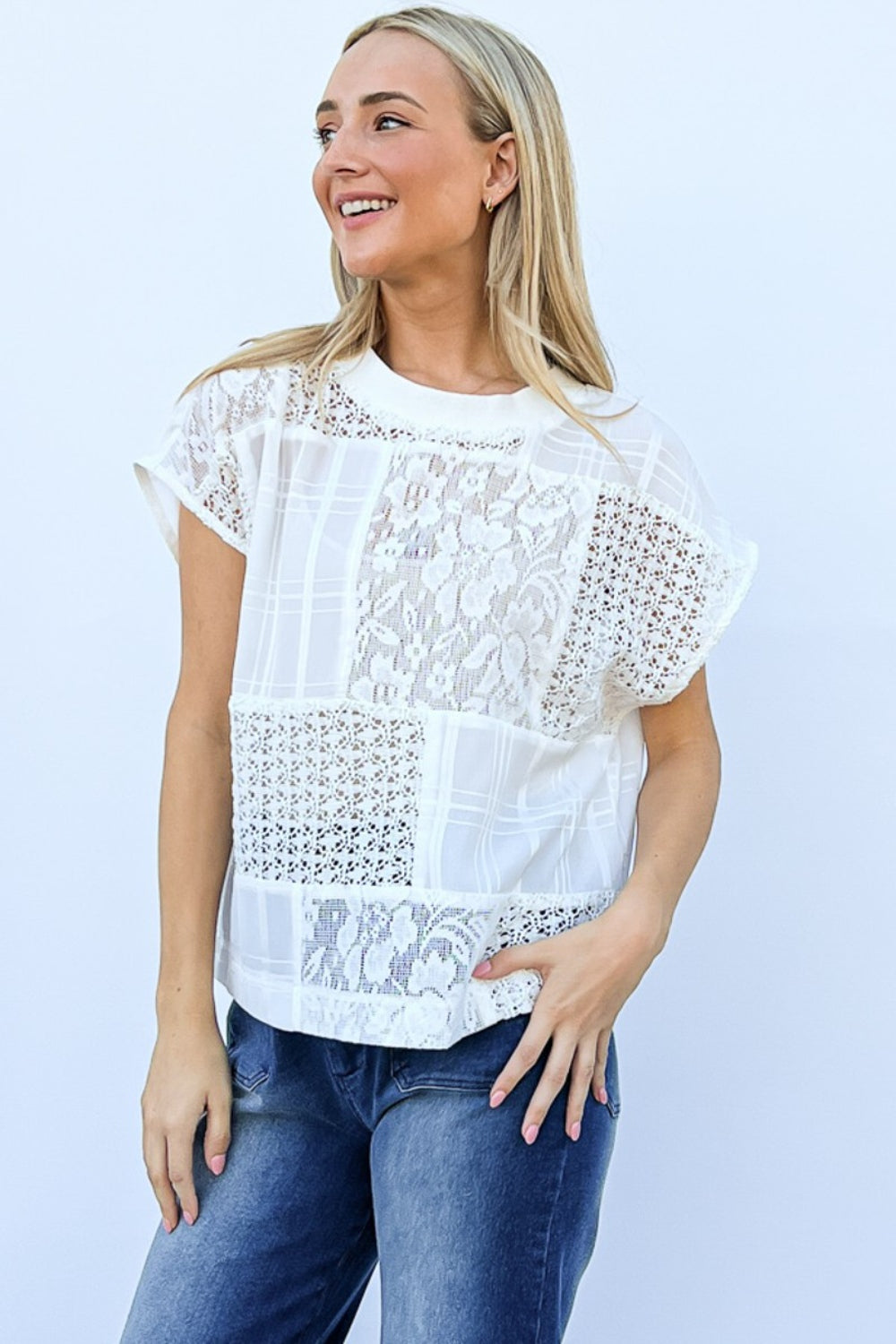 Chic lace patchwork top with cami set, showcasing delicate eyelet details.